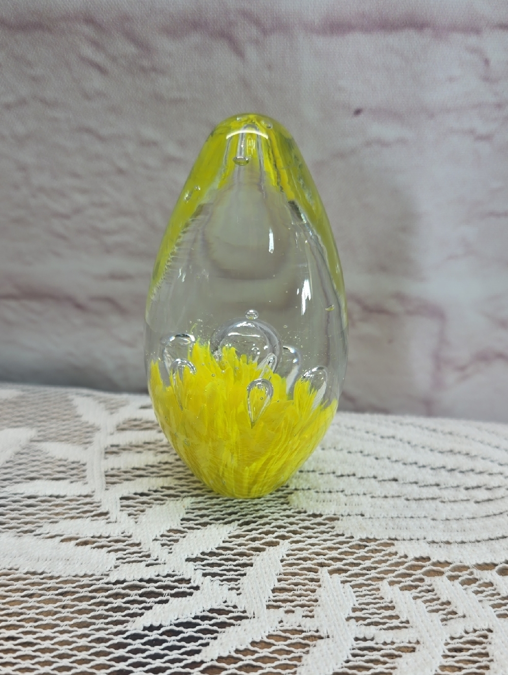Vintage Art Glass Paperweight Yellow Controlled Bubble Teardrop 3.5"